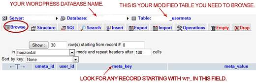 Browse the WordPress database _usermeta table in phpMyAdmin Web interface.