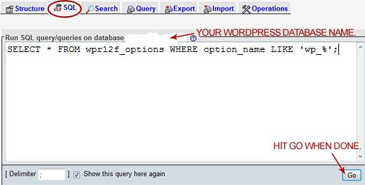 Executing a SQL command in phpMyAdmin Web interface to find records starting with 'wp_' in the 'wpr12f_options' table.