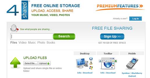 4shared - File sharing and Online Storage. Provides 10GB of Free storage. Downside: Your Free account and Your files will be deleted if you do not login for 30 days.