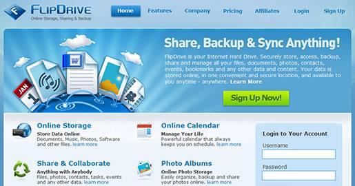 FlipDrive is your Internet Hard Drive. Securely store, access, backup, share and manage all your files, documents, photos, contacts, events, bookmarks and any other data and content. Your data is stored online, in a secure location, and available to you anytime, anywhere. Provides ONLY 1GB of Free storage.