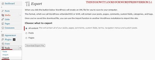 export tool in WordPress Dashborad. Image for WordPress version 3.1