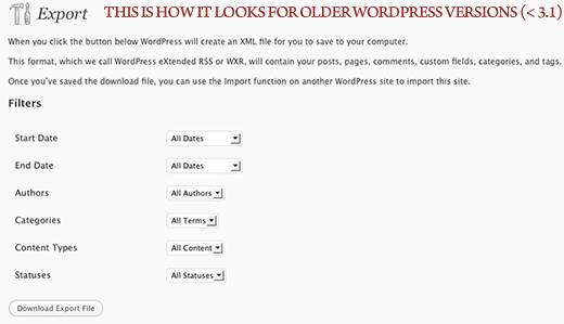export tool in WordPress Dashborad. Image for WordPress versions prior to 3.1