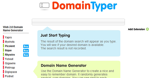 DomainTyper searches for your domain as fast as you can type. Domain finder with domain hacks, and domain name generator.