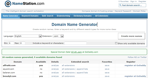 NameStation - Create random names. Enter a keyword and try different search types for more domain name ideas.