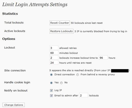 Settings for the Limit Login Attemps plugin in WordPress dashboard.
