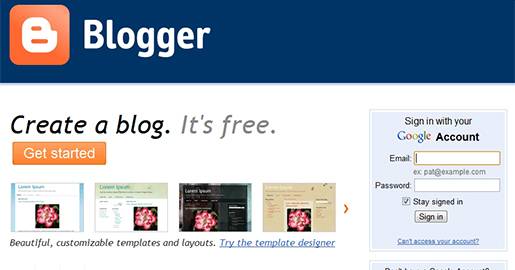 Free Weblog publishing tool from Google, for sharing text, photos and video.  You need to sign in to Blogger with your Google Account. The blogs are hosted by Google at a subdomain of blogspot.com