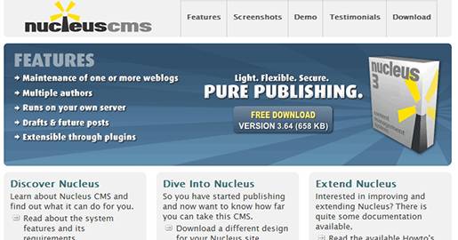 Nucleus CMS is an open-source blog management software package written in PHP, with a MySQL backend. It is used to manage frequently-updated Web content. With a little tweaking (mainly to skins), it might be considered a lightweight content management system.