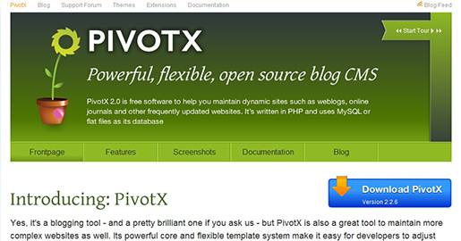 The next generation Pivot, a customizable Weblog tool written in PHP and using flat files or a SQL database as data storage. PivotX is also a great tool to maintain more complex Websites as well. Its powerful core and flexible template system make it easy for developers to adjust and extend. PivotX boasts an extensive feature list and its continued development and an active support community ensure that development is always headed in the direction users want it to go.