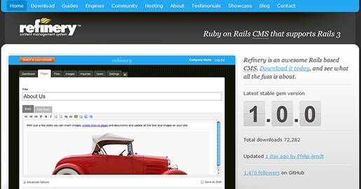 Refinery CMS is the most popular Ruby on Rails CMS and supports Rails 3. Refinery is perfect for creating custom content manageable Websites.