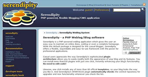 Serendipity is an open-source project for creating a simple CMS for blog authors. It is a PHP based blog and a Web based content management system. It supports PostgreSQL, MySQL, and SQLite database backends, the Smarty template engine, and a plugin architecture for user contributed modifications.