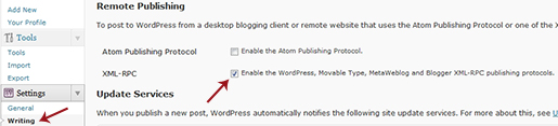 WordPress Remote Publishing Setting for XML-PRC specification.