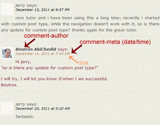 Image8: Linear Commenting Format - More Styling Options for the post's Author´s Comments where the Comment metadata (date and time) is displayed as a link.