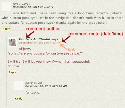 Image7: Threaded (Nested) Commenting Format - More Styling Options for the post's Author´s Comments where the Comment metadata (date and time) is displayed as a link.
