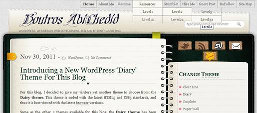 Diary theme: Example of the PAGE dropdown navigation menu - 3 level deep.