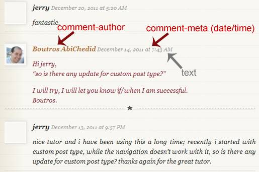 Image6: Linear Commenting Format - More Styling Options for the post's Author´s Comments where the Comment metadata (date and time) is displayed as a text only.