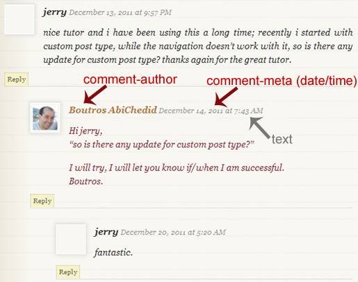 Image5: Threaded (Nested) Commenting Format - More Styling Options for the post's Author´s Comments where the Comment metadata (date and time) is displayed as a text only.