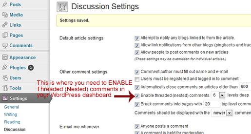 Setting the Threaded (Nested) comments in WordPress dashboard.