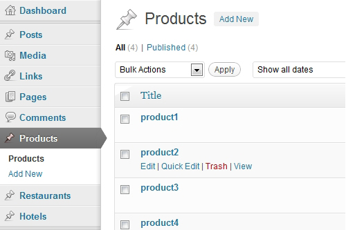 Created 4 posts for the Custom Content Type named 'Products'.
