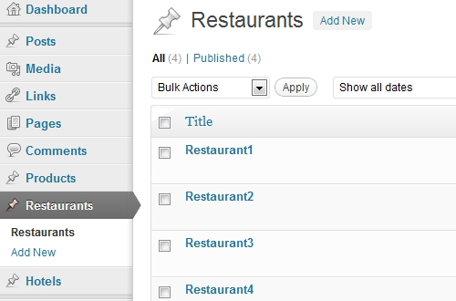 Created 4 posts for the Custom Content Type named 'Restaurants'.