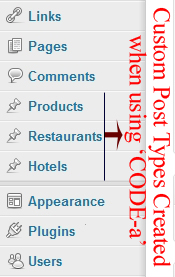 Created 3 new Tabs for Custom Post Types in WordPress dashboard called 'Products', 'Hotels' and 'Restaurants'.