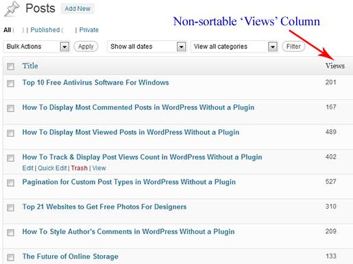 WordPress dashboard: Non Sorted Views Column for Posts.