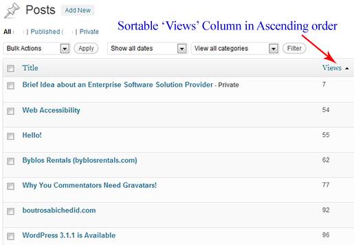 WordPress dashboard: Sorting Views Column for Posts in Ascending order.