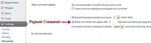 Setting the Comments Pagination in WordPress dashboard.
