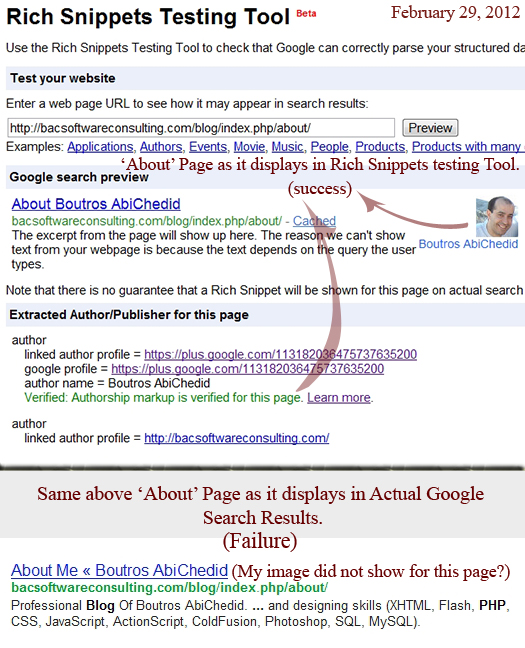 The 'About' page: SUCCESS in Rich Snippets Testing Tool and FAILURE in actual Google Search Results.