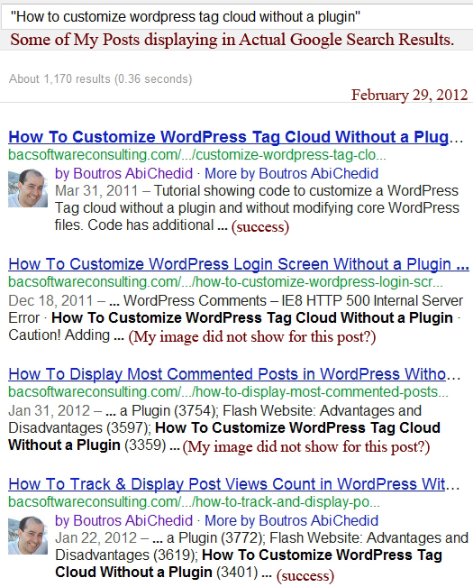 Image2. Actual Google Search Results: My Google+ Image/Info shows up in some posts but NOT others.