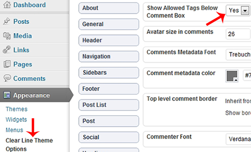 Clear Line theme: Show allowed HTML tags and attributes below comment box.