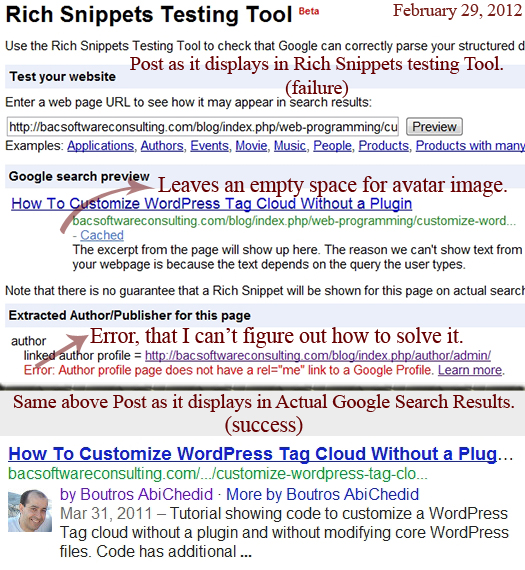 Image2. Post: FAILURE in Rich Snippets Testing Tool and SUCCESS in actual Google Search Results. 