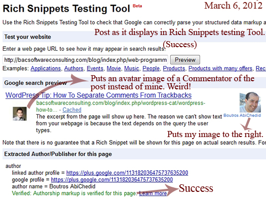 Post: Success in Rich Snippets Testing Tool compared to the failure of February 29, 2012. 
