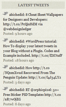 Result of CODE-1 modified with timeline format: Display Latest tweets on Your WordPress Blog in a timeline format.