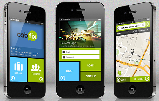 Mobile App Design. Image credit: CabFix App @ 4dprime.com/cabfix.