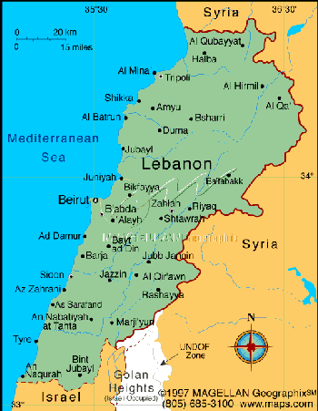 Map of Lebanon showing different regions. Click on diferent areas of the map 