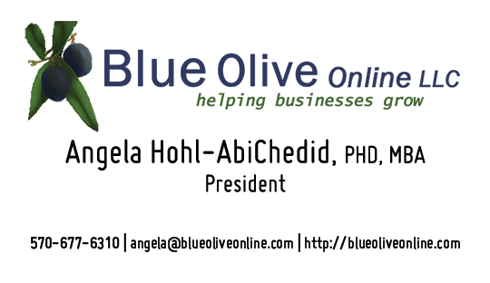 Blue Olive Online Business Card front side.